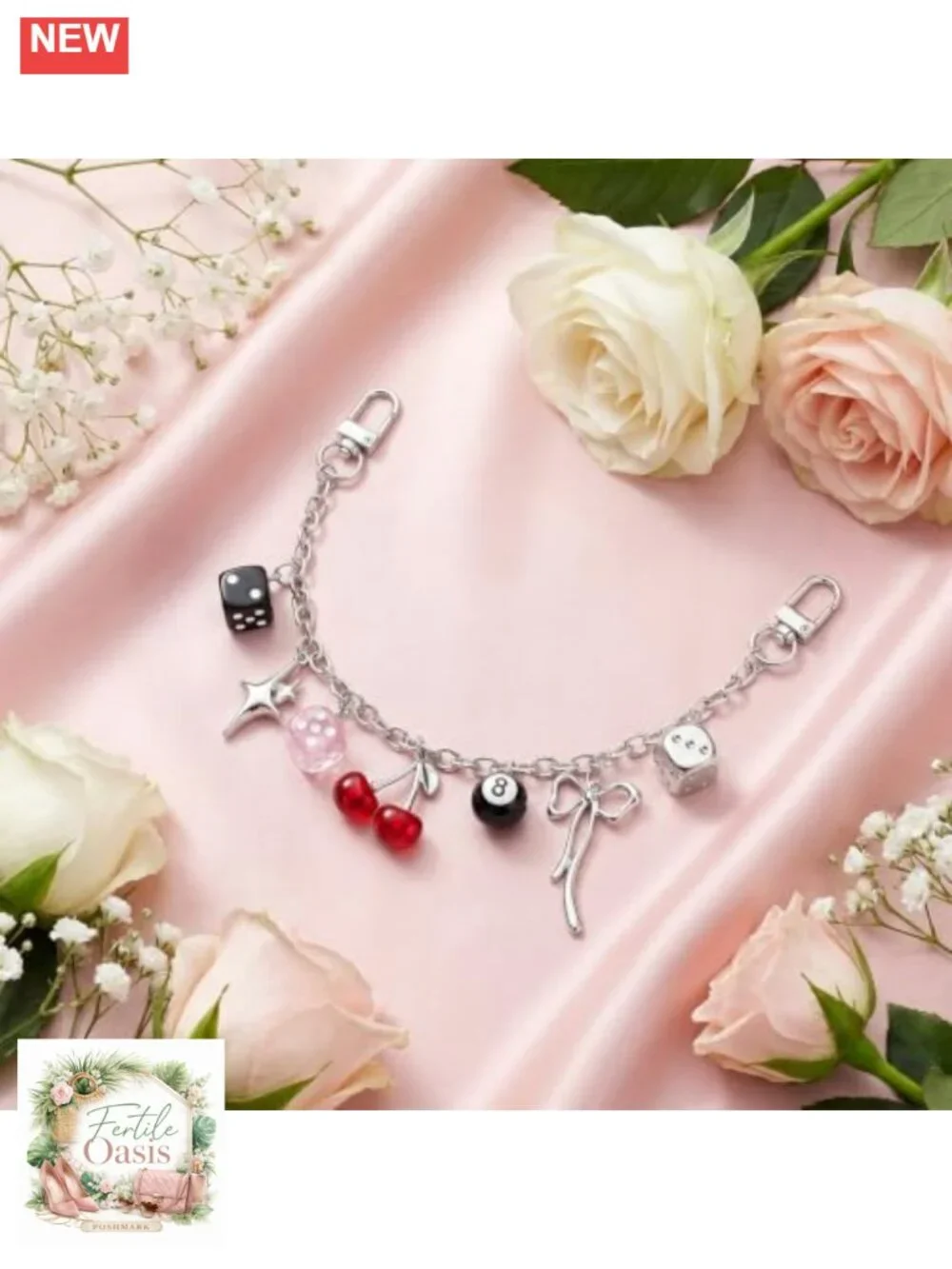 Y2K 8 Ball Bag Charm Pendant with Dice Star Bow - Silver Zinc Alloy Purse Charm